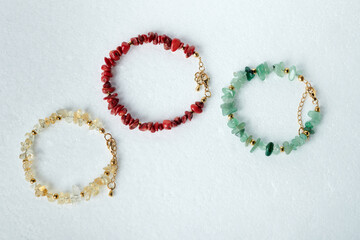 Crystal and color stone bracelets isolated on white background. Decorative bands. Elegant bracelet....
