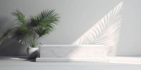 White product display podium with nature palm leaves. Generative AI
