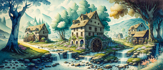 Serenity Falls: Watercolor Countryside Landscape with Old Mill Amidst Nature., Generative AI