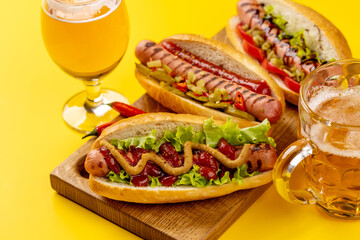 Various hot dog and beer