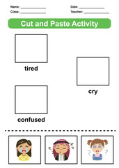 Educational game for kids. Cut and paste the emotion images. Confused, tired and cry. The feelings series. Printable worksheet. Activity for preschool year kids and toddlers. Vector illustration.