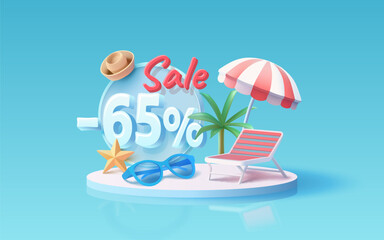 Summer time banner sale -65 Percentage, beach umbrella with lounger for relaxation, sunglasses, seaside vacation scene. Vector illustration