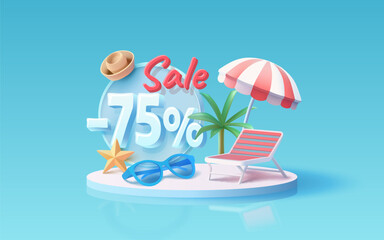 Summer time banner sale -75 Percentage, beach umbrella with lounger for relaxation, sunglasses, seaside vacation scene. Vector illustration