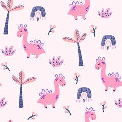 Cute Dinosaurs seamless pattern. Children pattern with dinos, palms and berries. Perfect  for fashion clothes, shirt, fabrics, textiles. Scandinavian design. Vector Kids pink dino background for girls