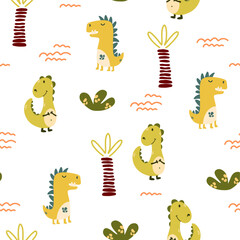 Dinosaurs Seamless pattern. Children background with hand-drawn Dino in Scandinavian style. Perfect for fabric, textiles, scrapbooking and more. Vector Illustration