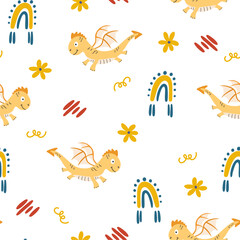 Dino seamless patterns. Perfect for fabric, textiles, scrapbooking and more. Baby Vector illustration of funny cartoon character