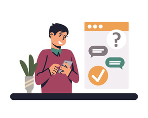 Smiling cartoon character typing on mobile and working as hotline operator. Online consultation in support service. Customer service communication. Call center worker. Vector