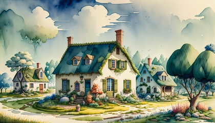 Fototapeta premium Charming Abodes: Watercolor Countryside Landscape with Old Houses Amidst Nature., Generative AI