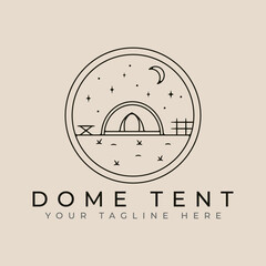 dome tent outdoor line art logo design with moon and star minimalist style logo vector illustration design.