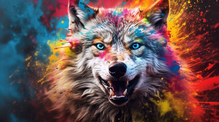 Wolf among explosions of multi colored paint. Multicolored fluid. AI Generative.