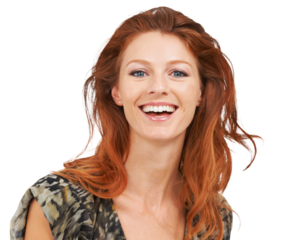 Laughing, portrait and red head woman with beauty, natural makeup and cosmetics. Face of happy female model person from Ireland with skin glow and hair shine isolated on transparent, png background