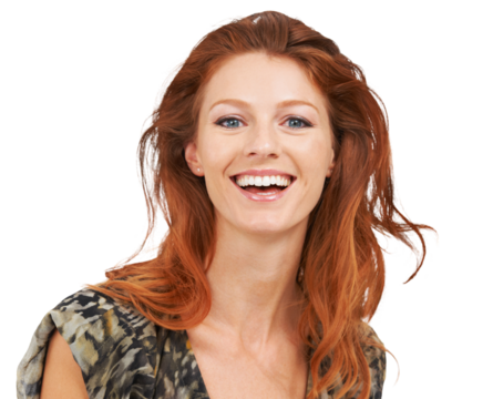 Laughing, portrait and red head woman with beauty, natural makeup and cosmetics. Face of happy female model person from Ireland with skin glow and hair shine isolated on transparent, png background