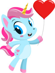 Cute Magical Baby Unicorn Cartoon Character Holding Up A Heart Balloon. Vector Illustration Flat Design Isolated On Transparent Background