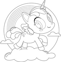 Outlined Cute Magical Baby Unicorn Cartoon Character Running Around Rainbow Over Cloud. Vector Hand Drawn Illustration Isolated On Transparent Background