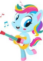 Cute Magical Baby Unicorn Cartoon Character Sings and Plays Guitar. Vector Illustration Flat Design Isolated On Transparent Background