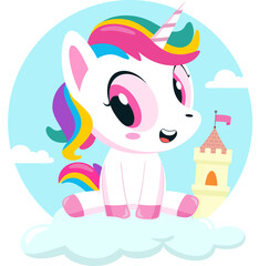 Obraz na płótnie Canvas Cute Magical Baby Unicorn Cartoon Character Seated On A Cloud Over Landscape With Castle. Vector Illustration Flat Design Isolated On Transparent Background