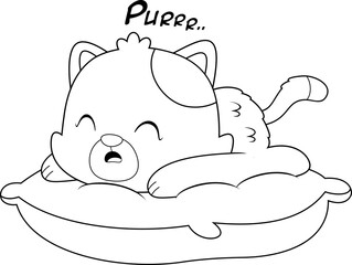 Outlined Cute Baby Cat Cartoon Character Sleeping On A Pillow. Vector Hand Drawn Illustration Isolated On Transparent Background