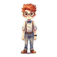 Cute Geek character isolated on white background. Colorful painting illustration. Generative AI