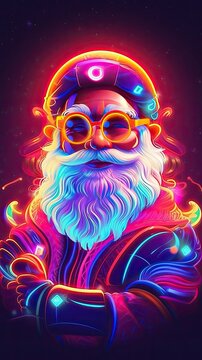 Kawaii style Santa Claus character in neon style illustration. Christmas and New year holiday neon design. Generative AI