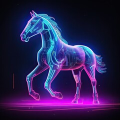 Cute Stallion horse animal in neon style. Portrait of glow light animal. Generative AI