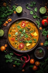 Lentil and vegetable curry vegetarian dish on black stone surface background. Generative AI
