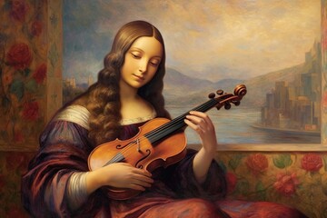 Mona Lisa's Serenade: In a harmonious embrace, witness the enchanted moment when music and love intertwine, immortalized in the enigmatic smile of the Mona Lisa illustration generative ai