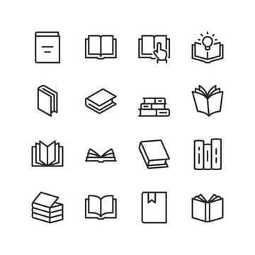 Book, linear style icons set. Literature. A book from different angles. A stack of books to read. Editable stroke width