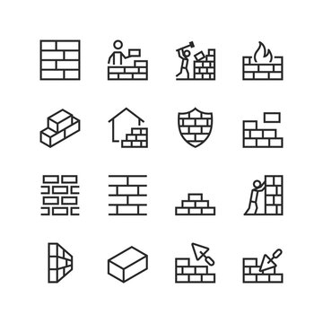 Brick wall, linear style icons set. To build with bricks. Brickwork. A wall of bricks. Editable stroke width