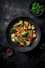 Tofu stir-fry vegetarian dish on black stone surface background. Generative AI