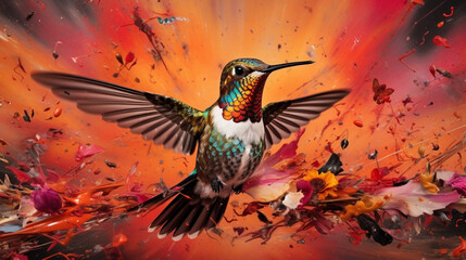 Naklejka premium Hummingbird among explosions of multi colored paint. Multicolored fluid. AI Generative.