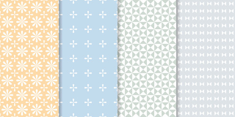 Set of cute minimal geometric texture seamless patterns. Repeating simple geometrical shapes modern background. Graphic trendy abstract wallpaper.