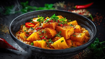 Sweet potato curry vegetarian meal on dark background. Generative AI - obrazy, fototapety, plakaty