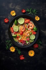Obraz na płótnie Canvas Pad Thai meal on black stone surface background. Generative AI