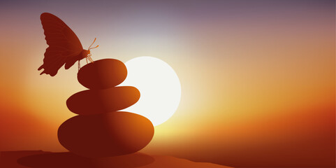 Fond de présentation pour un centre de relaxation, avec un papillon posé sur des cailloux devant un coucher de soleil.