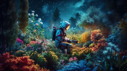 Astronaut in the multiverse garden on spring day, fantastic sci fi background