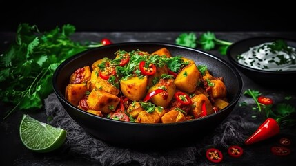 Sweet potato curry vegetarian meal on dark background. Generative AI