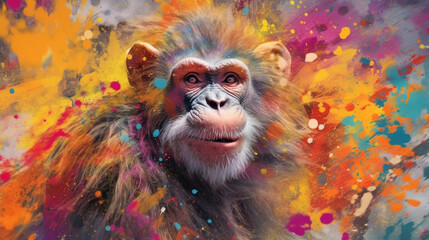 Fototapeta premium Monkey among explosions of multi colored paint. Multicolored fluid. AI Generative.