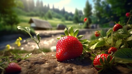 Strawberry fresh fruit in the landscape background. Generative AI