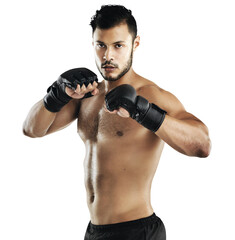 Isolated man, mma fighter and portrait for block, guard or training by transparent png background....