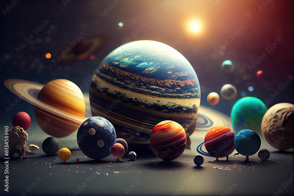 Poster tilt shift view of the solar system cosmic beautiful miniature. generative ai aig15.