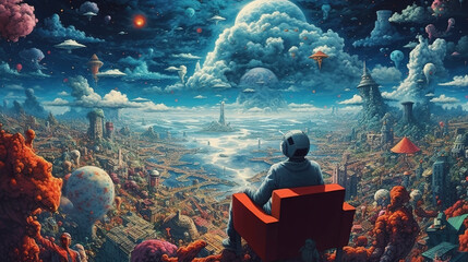 Spaceman sitting in fantastic multiverse