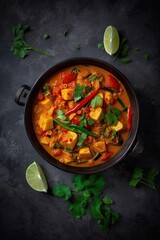 Vegetable curry vegetarian dish on black stone surface background. Generative AI