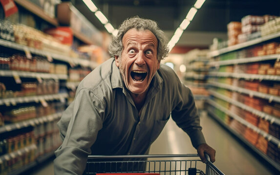 A man runs through the aisles of a supermarket with his shopping cart looking happy and excited