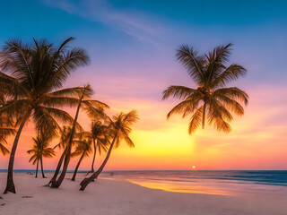Obraz na płótnie Canvas At sunset time on the tropical beach and sea with coconut palm tree, created with generative ai 