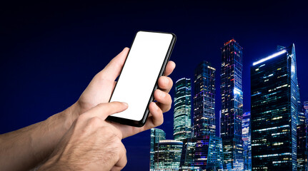 Mockup smartphone screen on business city background. 5g, economy, technology digital concept.