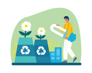 Cartoon smiling man getting electricity from natural resources. Eco friendly urban infrastructure. Alternative clean energy and healthy lifestyle. Vector