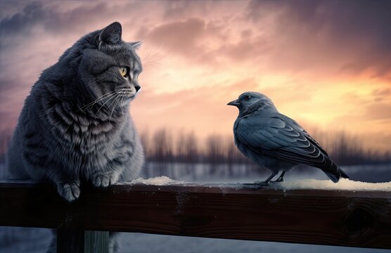 Funny Striped Hunter Cat Sits On A Fence And Watches A Sitting Bird. Created With Generative AI Technology.