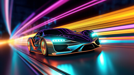 Obraz na płótnie Canvas Futuristic Sports Car On Neon Highway