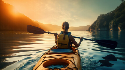 Lady with kayak adventure travel sport