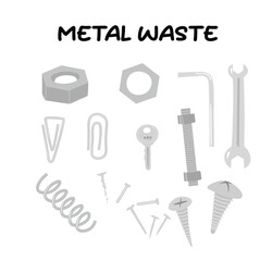 Metal repairing tool vector set. screw, bolt, hex bolt, nail. Spring. Wrench. Spenner. Nut. Mechanic tool. Mechanical engineering. Maintenance toolkit. Construction and household renovation tools.